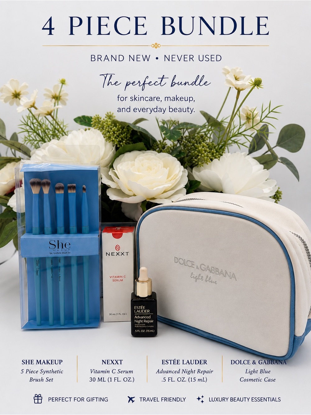 4 Piece Beauty Bundle Estée Lauder + Dolce & Gabbana + Vitamin C + She Brush Set
